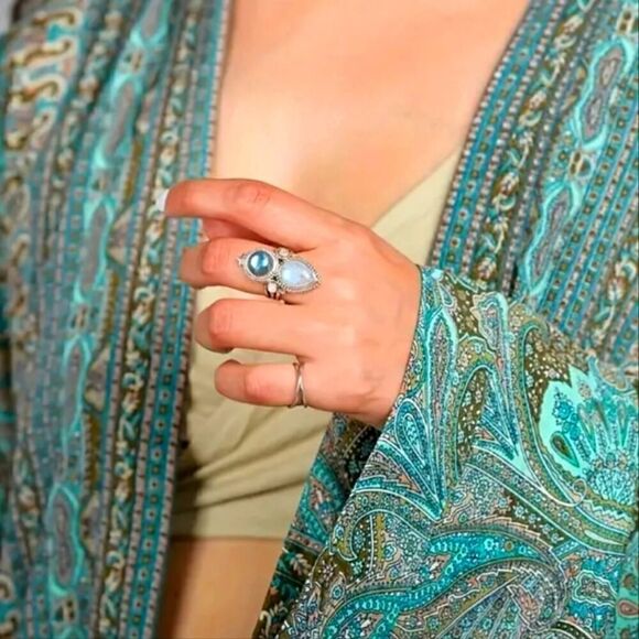 Vintage Style Silver Plated Ring  Moonstone and Labradorite Gemstone - Picture 5 of 12